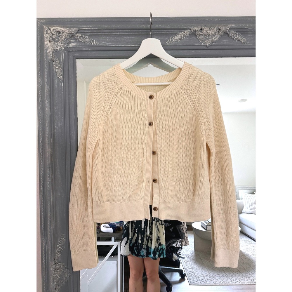 Velvet by Graham & Spencer Cream Cotton Shaker Knit Crewneck Cardigan Sweater S